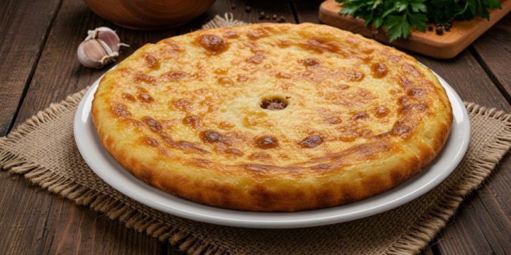 Целый осетинский пирог с мясом перед нарезкой